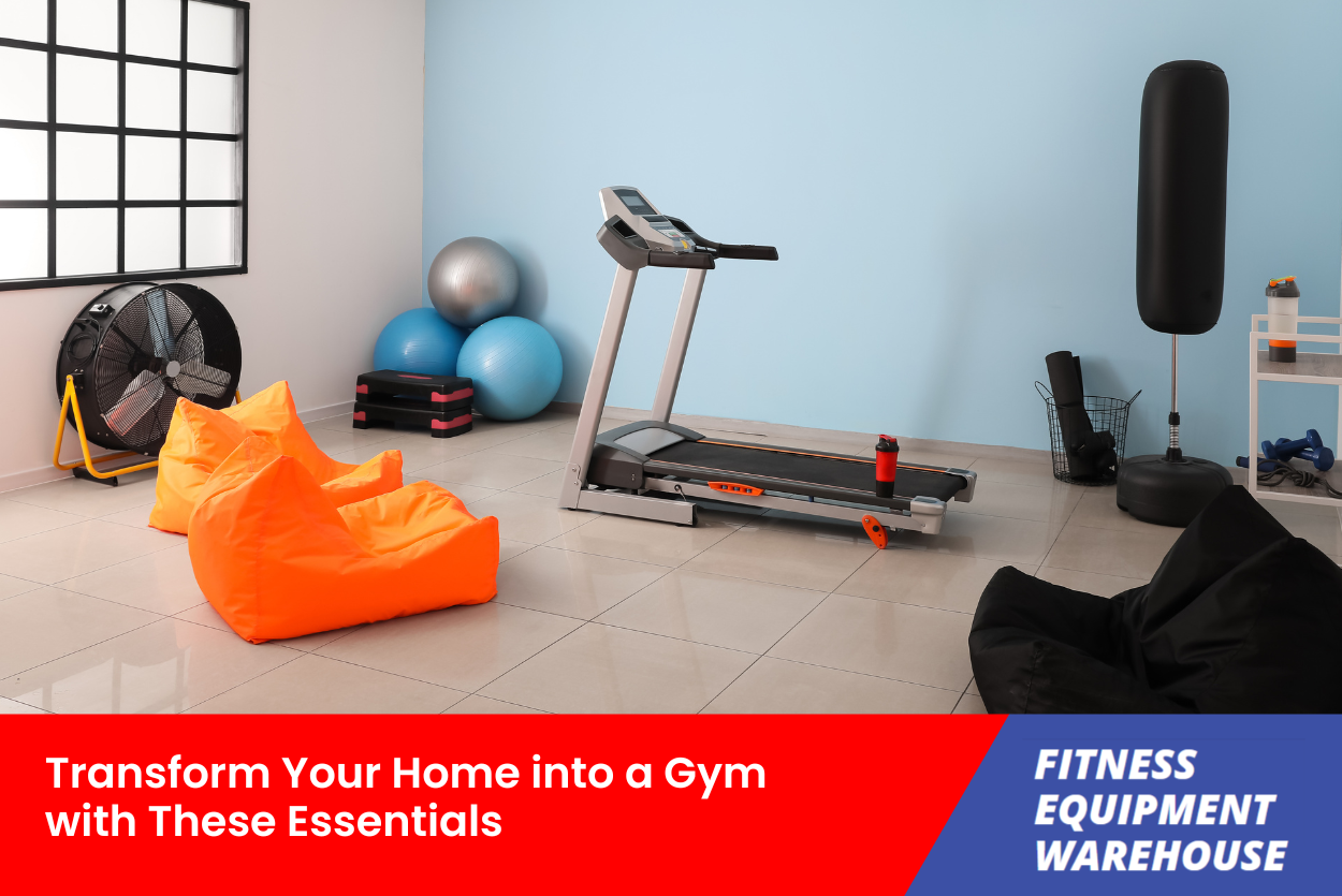 Compact home gym setup with weights, bench, and resistance bands