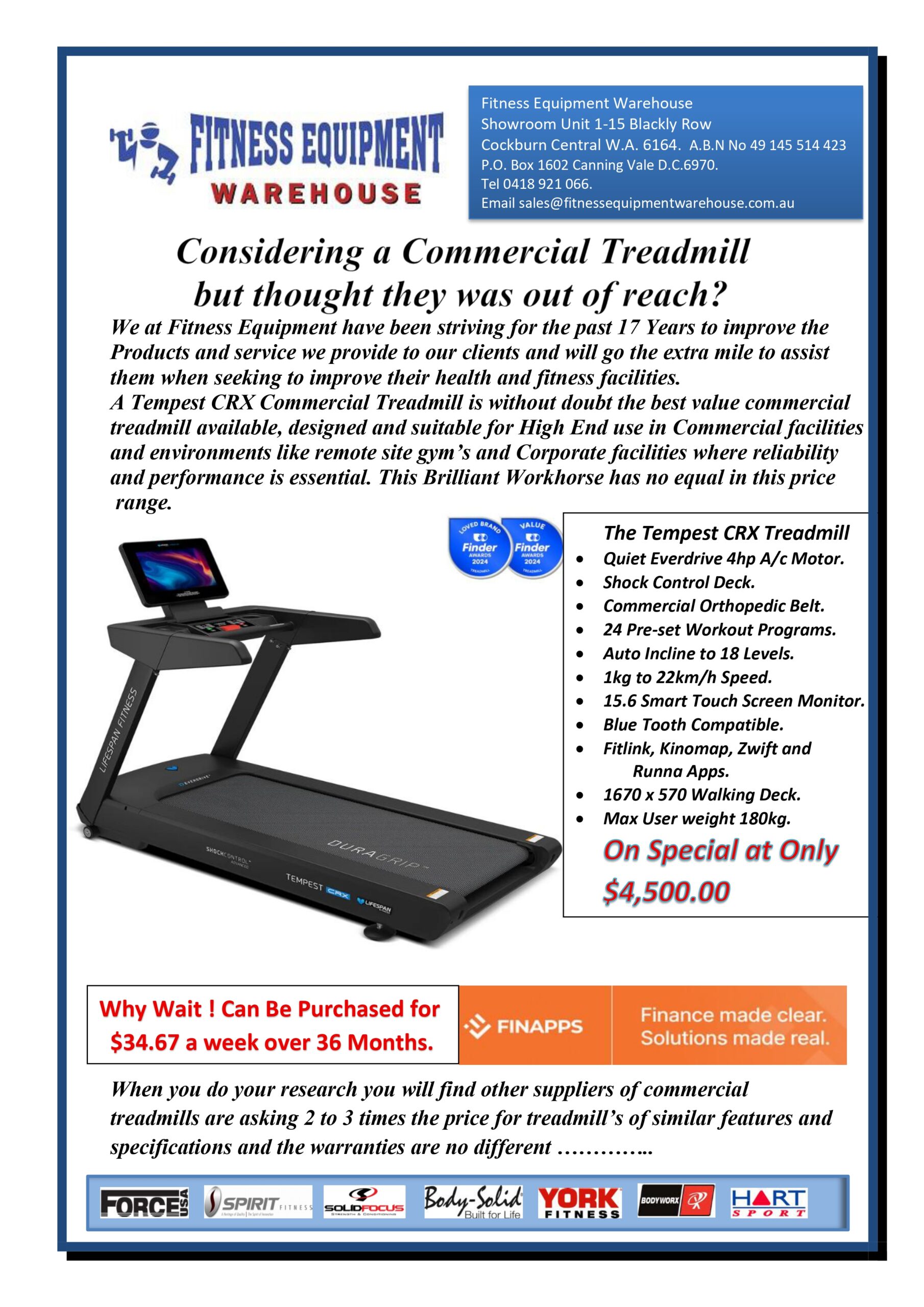 LIFESPAN TEMPEST CRX COMMERCIAL TREADMILL